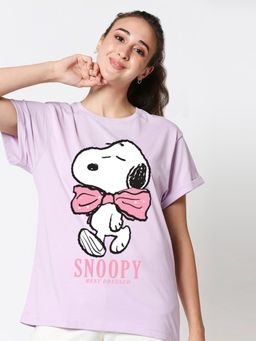 Bewakoof - Official Peanuts Women's Purple Dressed Up Snoopy Graphic Printed Boyfriend T-shirt