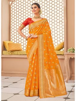 Sangam Prints - Mustard Yellow Zari Work Traditional Saree with Unstitched Blouse