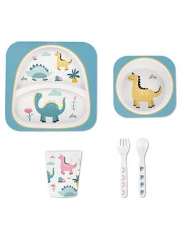 Polka Tots - "Dinosaur" Toddler Eco Friendly Bamboo Fiber Dinner (Set of 5) - Blue