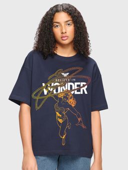 Bewakoof - Comics Merchandise Womens Blue Believe In Wonder Graphic Printed Oversized T-Shirt