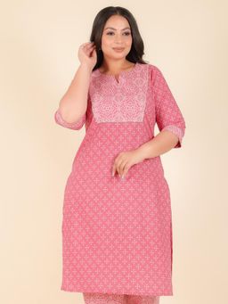 ARAMYA - Pink Printed Round Neck Kurta