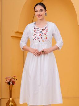 ARAMYA - White Embroidered Round Neck Kurta