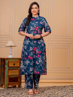 ARAMYA - Blue Floral Mandarin Neck Kurta with Pant