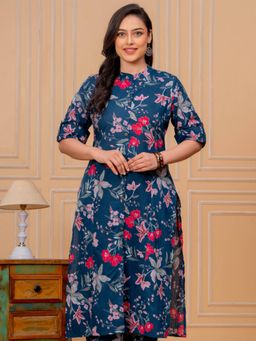 ARAMYA - Blue Floral Mandarin Neck Kurta