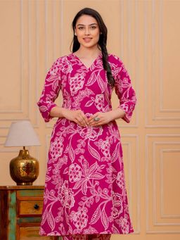 ARAMYA - Pink Floral V-Neck Kurta