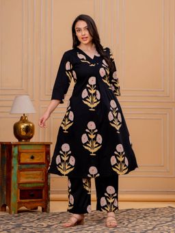 ARAMYA - Black Floral V-Neck Kurta with Pant