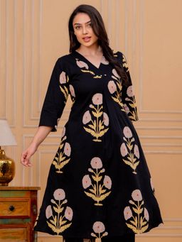 ARAMYA - Black Floral V-Neck Kurta