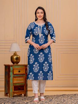 ARAMYA - Blue Floral Round Neck Kurta with Pant