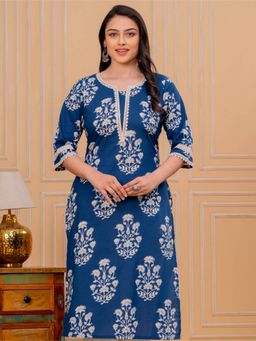 ARAMYA - Blue Floral Round Neck Kurta
