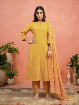 ARAMYA - Yellow Embroidered Round Neck Kurta Pant with Dupatta