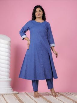 ARAMYA - Blue Solid/Plain Mandarin Neck Kurta with Pant