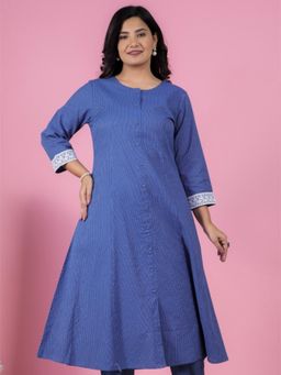 ARAMYA - Blue Solid/Plain Round Neck Kurta