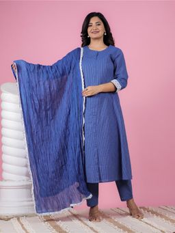 ARAMYA - Blue Embroidered Round Neck Kurta Pant with Dupatta