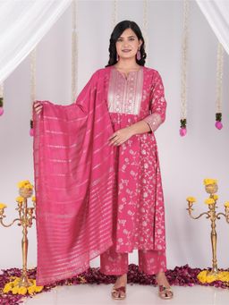 ARAMYA - Pink Floral Round Neck Kurta Pant with Dupatta