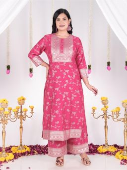 ARAMYA - Pink Floral Round Neck Kurta with Palazzo