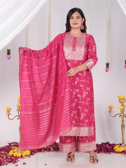 ARAMYA - Pink Floral Round Neck Kurta Palazzo with Dupatta