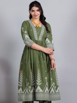 ARAMYA - Green Printed V-Neck Kurta