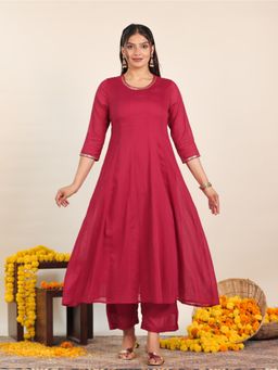 ARAMYA - Maroon Embroidered Round Neck Kurta with Pant