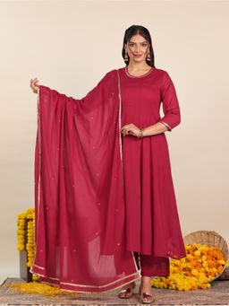 ARAMYA - Maroon Embroidered Round Neck Kurta Palazzo with Dupatta