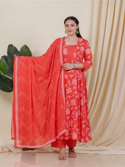 ARAMYA - Orange Floral Square Neck Kurta Pant with Dupatta