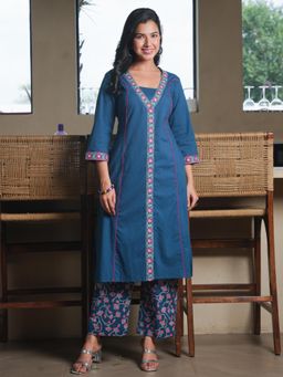 ARAMYA - Teal Floral V-Neck Kurta with Pant