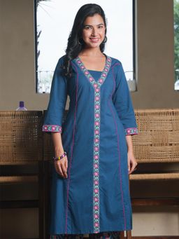 ARAMYA - Teal Solid/Plain V-Neck Kurta