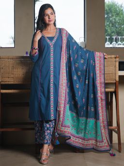 ARAMYA - Teal Floral V-Neck Kurta Pant with Dupatta