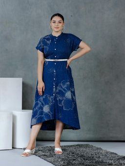 ARAMYA - Blue Printed Mandarin Neck Dress