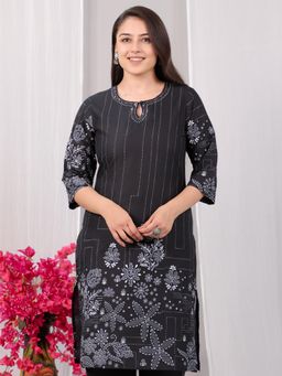 ARAMYA - Black Floral Keyhole Neck Kurta
