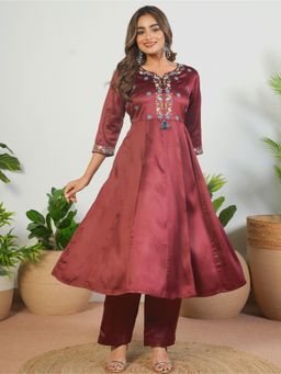 ARAMYA - Maroon Floral Round Neck Kurta with Pant