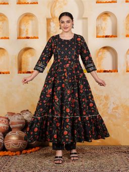 ARAMYA - Black Embroidered Round Neck Kurta with Pant