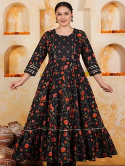 ARAMYA - Black Floral Round Neck Kurta