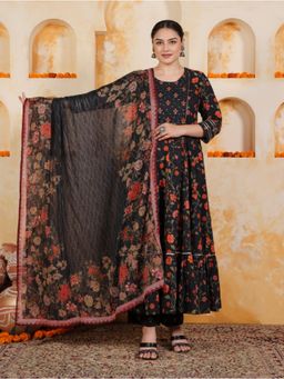 ARAMYA - Black Floral Round Neck Kurta Pant with Dupatta