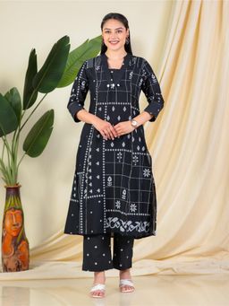 ARAMYA - Black Printed V-Neck Kurta with Pant