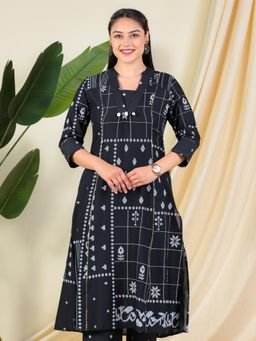 ARAMYA - Black Geometric V-Neck Kurta
