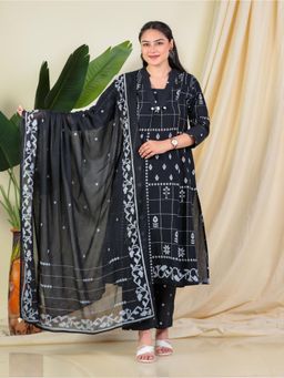 ARAMYA - Black Embroidered V-Neck Kurta Pant with Dupatta