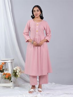ARAMYA - Pink Embroidered Round Neck Kurta with Pant