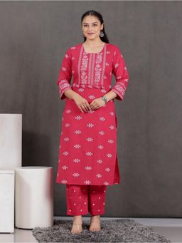 ARAMYA - Red Printed Round Neck Kurta with Pant