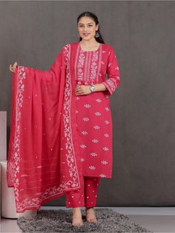ARAMYA - Red Printed Round Neck Kurta Pant with Dupatta
