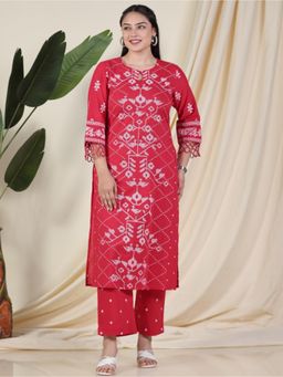 ARAMYA - Red Printed Keyhole Neck Kurta with Pant