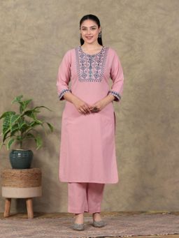 ARAMYA - Peach Embroidered Round Neck Kurta with Pant