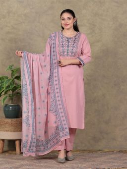 ARAMYA - Peach Embroidered Round Neck Kurta Pant with Dupatta