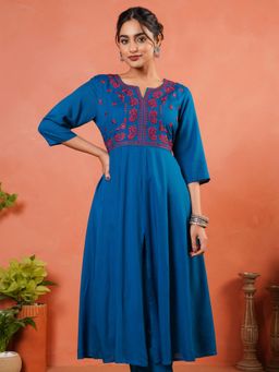 ARAMYA - Blue Embroidered Round Neck Kurta