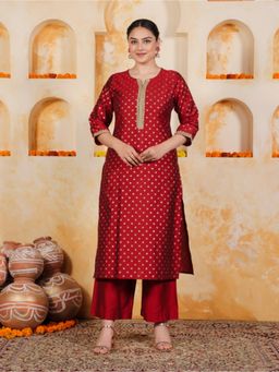ARAMYA - Red Printed Round Neck Kurta with Pant