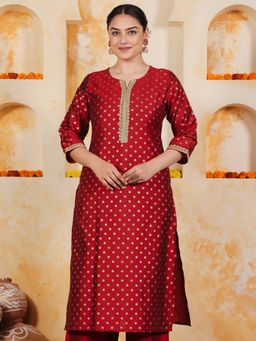 ARAMYA - Red Embroidered Round Neck Kurta
