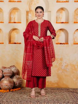 ARAMYA - Red Printed Round Neck Kurta Palazzo with Dupatta