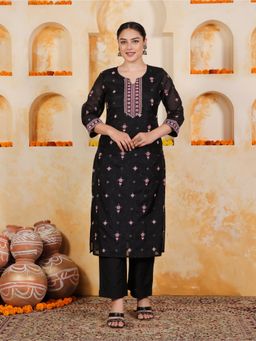 ARAMYA - Black Embroidered Round Neck Kurta with Pant