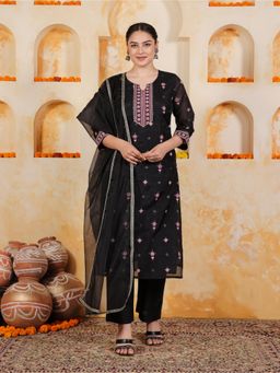 ARAMYA - Black Embroidered Round Neck Kurta Pant with Dupatta