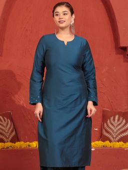 ARAMYA - Teal Solid/Plain Round Neck Kurta
