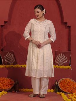 ARAMYA - Off White Embroidered Round Neck Kurta with Palazzo